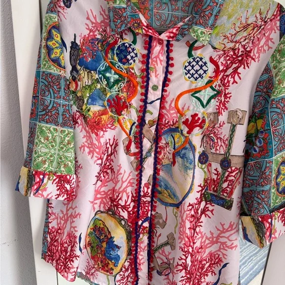 Colorful Women's Italian Antica Sartoria Art To Wear Blouse - Picture 9 of 13